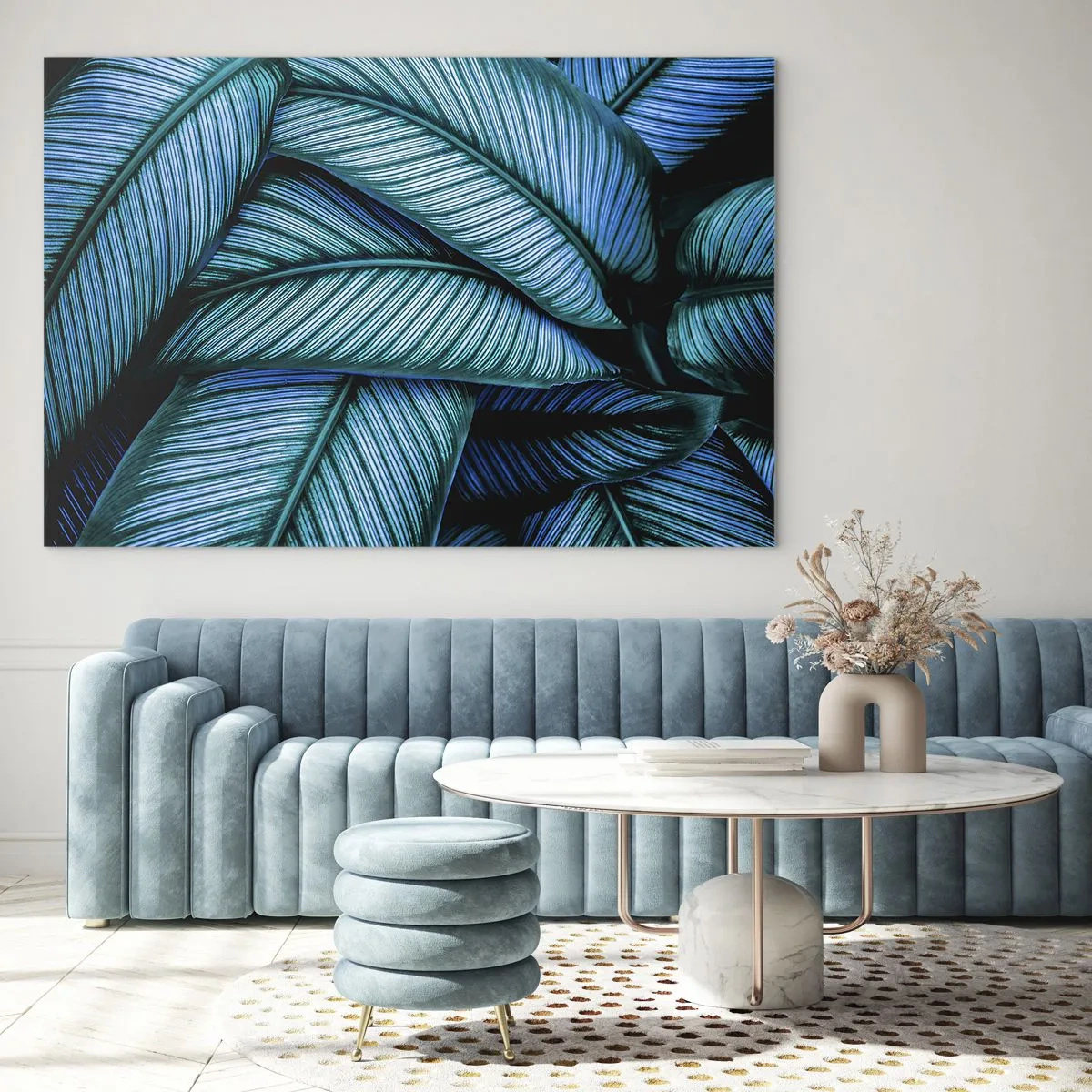 Impression sur verre - Image sur verre - Gros plan de feuilles turquoise à la texture intense. - 70x50cm - Lignes de vie - Décoration murale moderne pour le salon et la chambre ARTTOR