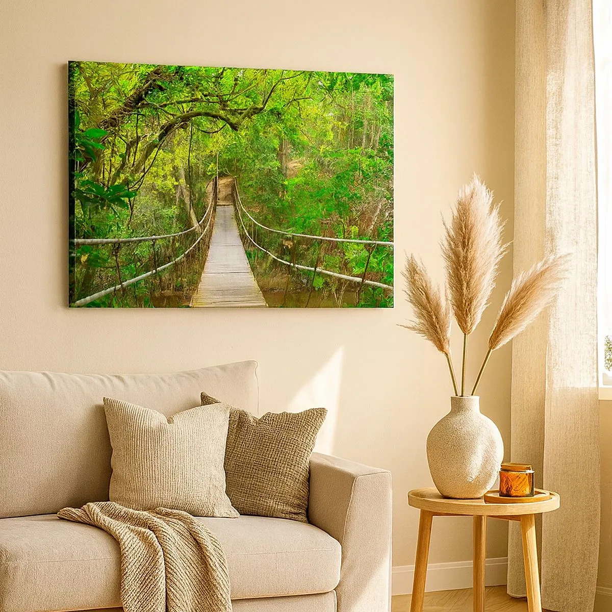 Impression sur toile - Image sur toile - Un pont suspendu entouré d'une forêt tropicale verte - 70x50cm - Parce qu'il y a une plante grimpante dans le jardin - Décoration murale moderne pour le salon et la chambre ARTTOR