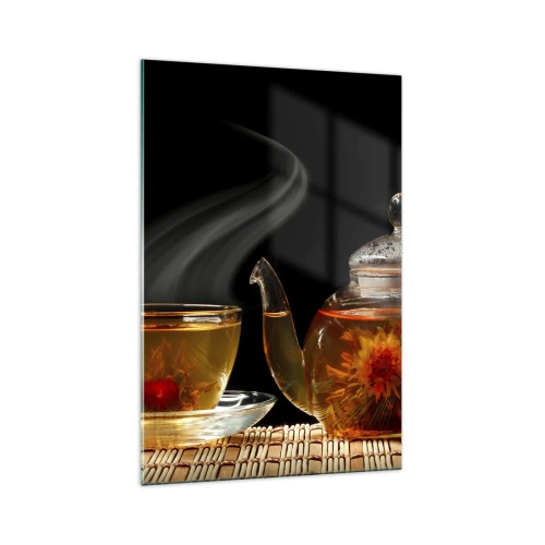 Impression sur verre - Image sur verre - Théière en verre avec thé aux fleurs et une tasse - 70x100cm - La magie et l'art de l'infusion du thé - Décoration murale moderne pour le salon et la chambre ARTTOR