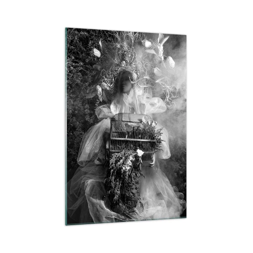 Impression sur verre - Image sur verre - Une composition en noir et blanc avec une figure en robe et une cage dans le brouillard. - 70x100cm - Tout simplement Mère Nature - Décoration murale moderne pour le salon et la chambre ARTTOR