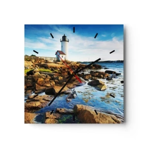 Horloge murale - Pendule murale - Un phare sur une côte rocheuse par une journée ensoleillée - 30x30cm - Revenez heureux, j'attends - Décoration murale moderne pour le salon et la chambre ARTTOR