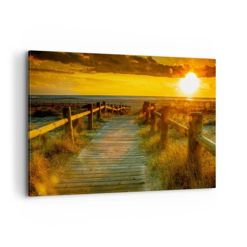 Impression sur toile - Image sur toile - Un chemin en bois menant à la plage à la lueur du soleil couchant - 120x80cm - Baigné dans le vieil or - Décoration murale moderne pour le salon et la chambre ARTTOR
