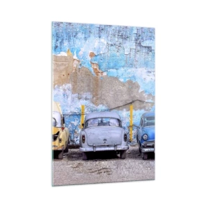 Impression sur verre - Image sur verre - Voitures anciennes sur fond de mur en ruine - 50x70cm - Rencontre de vétérans - Décoration murale moderne pour le salon et la chambre ARTTOR