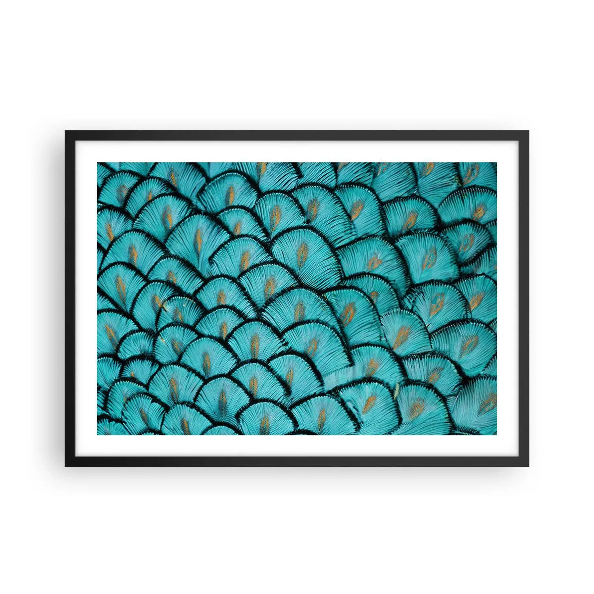 Affiche dans un cadre noir - Poster - Un motif ressemblant à des écailles turquoise avec des accents dorés - 70x50cm - Le grand gala des plumes - Décoration murale moderne pour le salon et la chambre ARTTOR