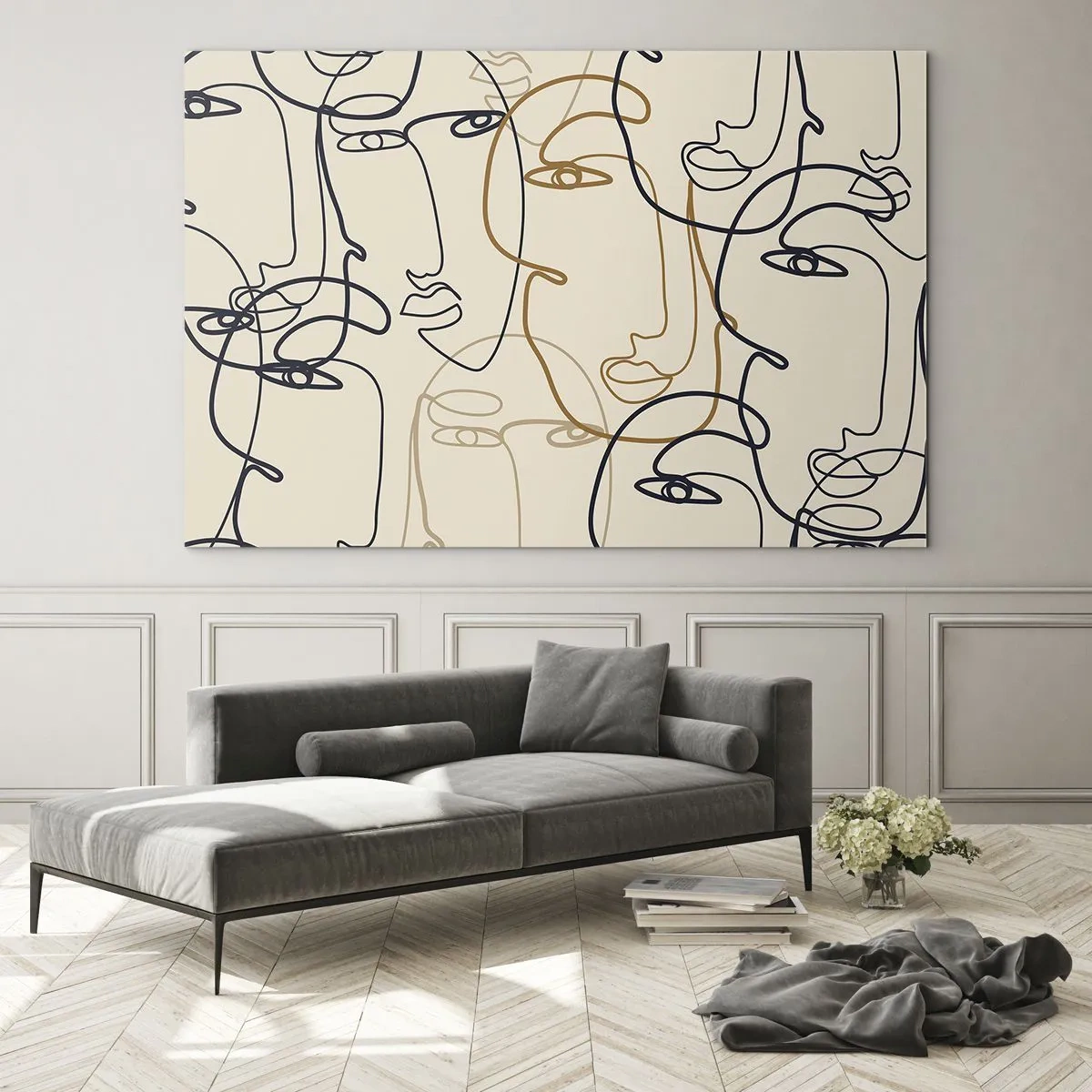 Impression sur verre - Image sur verre - Visages contournés dessinés d'un seul trait sur beige - 70x50cm - Portrait multiplié - Décoration murale moderne pour le salon et la chambre ARTTOR