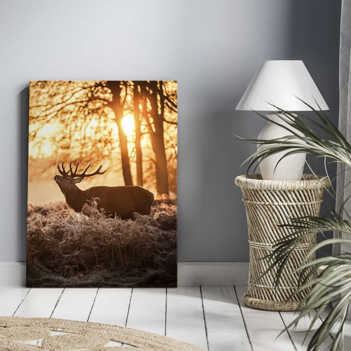 Impression sur toile - Image sur toile - Deux cerfs au coucher du soleil dans un paysage hivernal - 50x70cm - Le rêve d'un chasseur - Décoration murale moderne pour le salon et la chambre ARTTOR