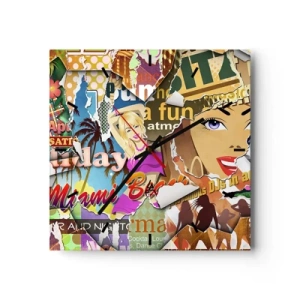 Horloge murale - Pendule murale - Un collage coloré avec des éléments rétro et pop art. - 30x30cm - Souvenirs de vacances - Décoration murale moderne pour le salon et la chambre ARTTOR
