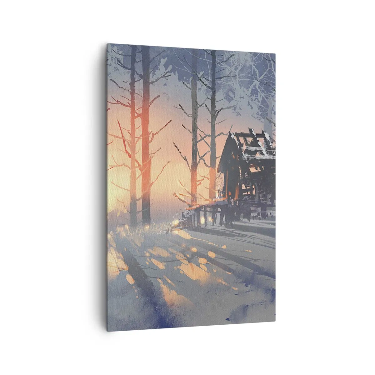 Impression sur toile - Image sur toile - Un chalet forestier dans un paysage hivernal avec les rayons du soleil couchant - 80x120cm - Seul le soleil regarde ici - Décoration murale moderne pour le salon et la chambre ARTTOR