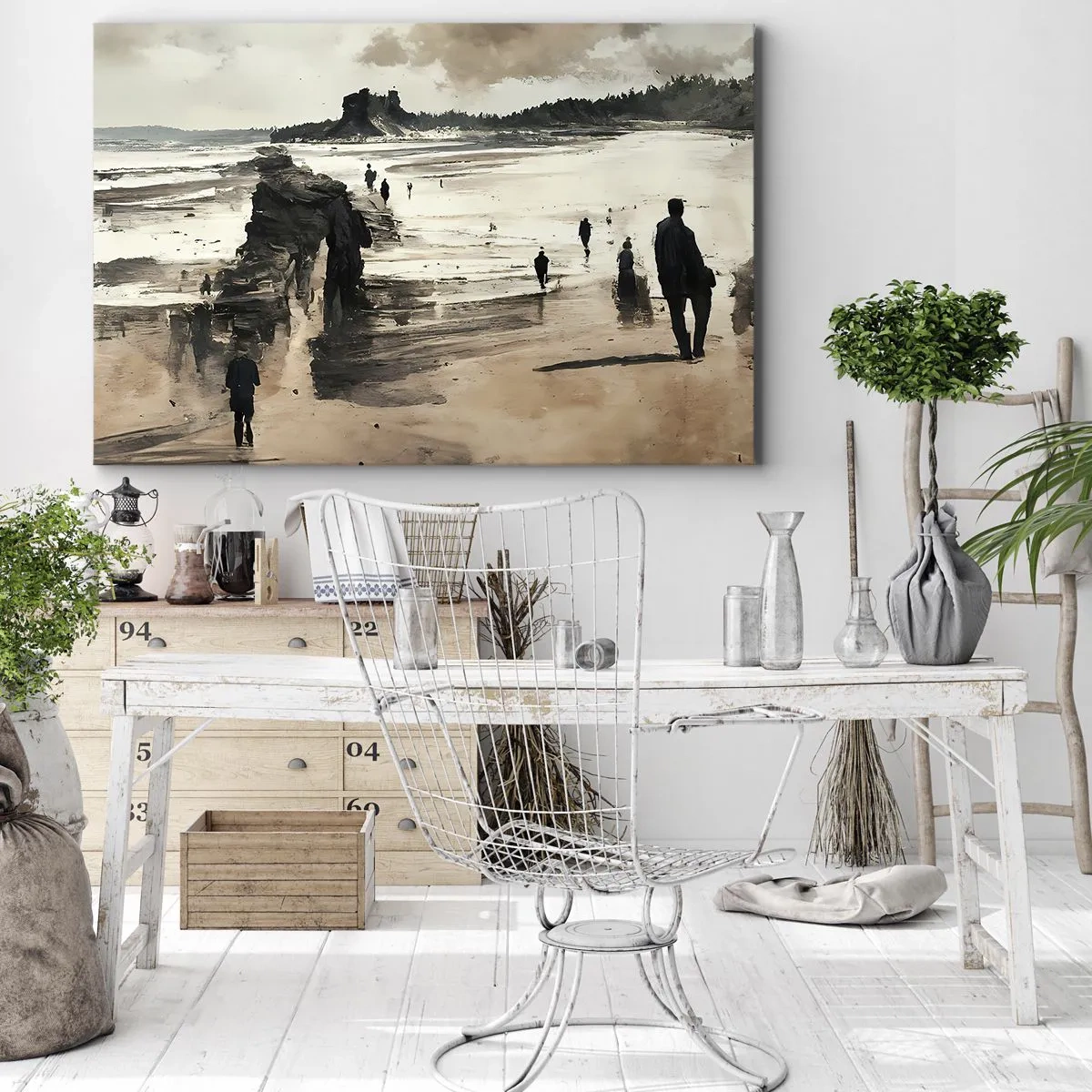 Impression sur toile - Image sur toile - Promeneurs sur la plage dans un paysage paisible - 100x70cm - Invoqué - Décoration murale moderne pour le salon et la chambre ARTTOR