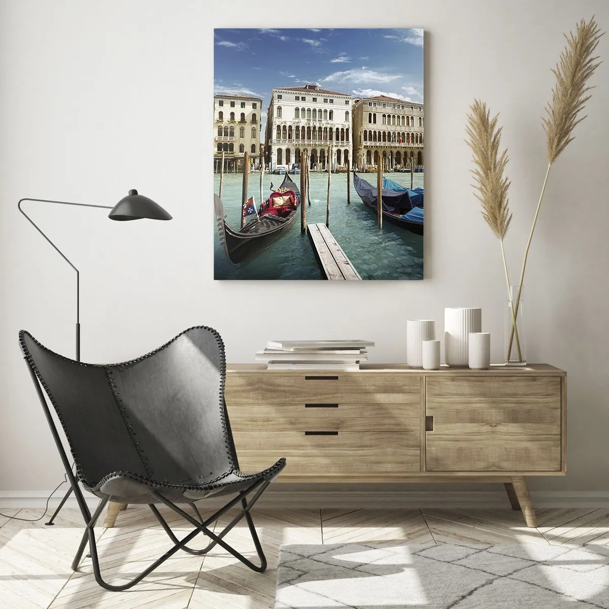 Impression sur verre - Image sur verre - Gondoles sur un canal à Venise par une journée ensoleillée - 50x70cm - Palace bleu ciel - Décoration murale moderne pour le salon et la chambre ARTTOR