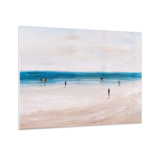 Impression sur verre - Image sur verre - Une plage tranquille avec des silhouettes de personnes marchant le long de la mer - 70x50cm - Un besoin naturel - Décoration murale moderne pour le salon et la chambre ARTTOR