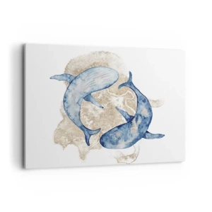 Impression sur toile - Image sur toile - Baleines bleues abstraites sur fond clair - 100x70cm - Amis ou amoureux? - Décoration murale moderne pour le salon et la chambre ARTTOR