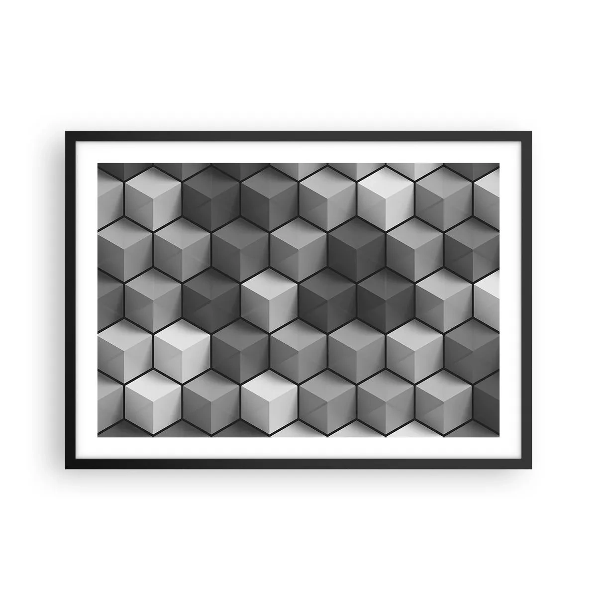 Affiche dans un cadre noir - Poster - Composition géométrique de cubes dans les tons de gris et de noir - 70x50cm - Puzzle cubiste - Décoration murale moderne pour le salon et la chambre ARTTOR