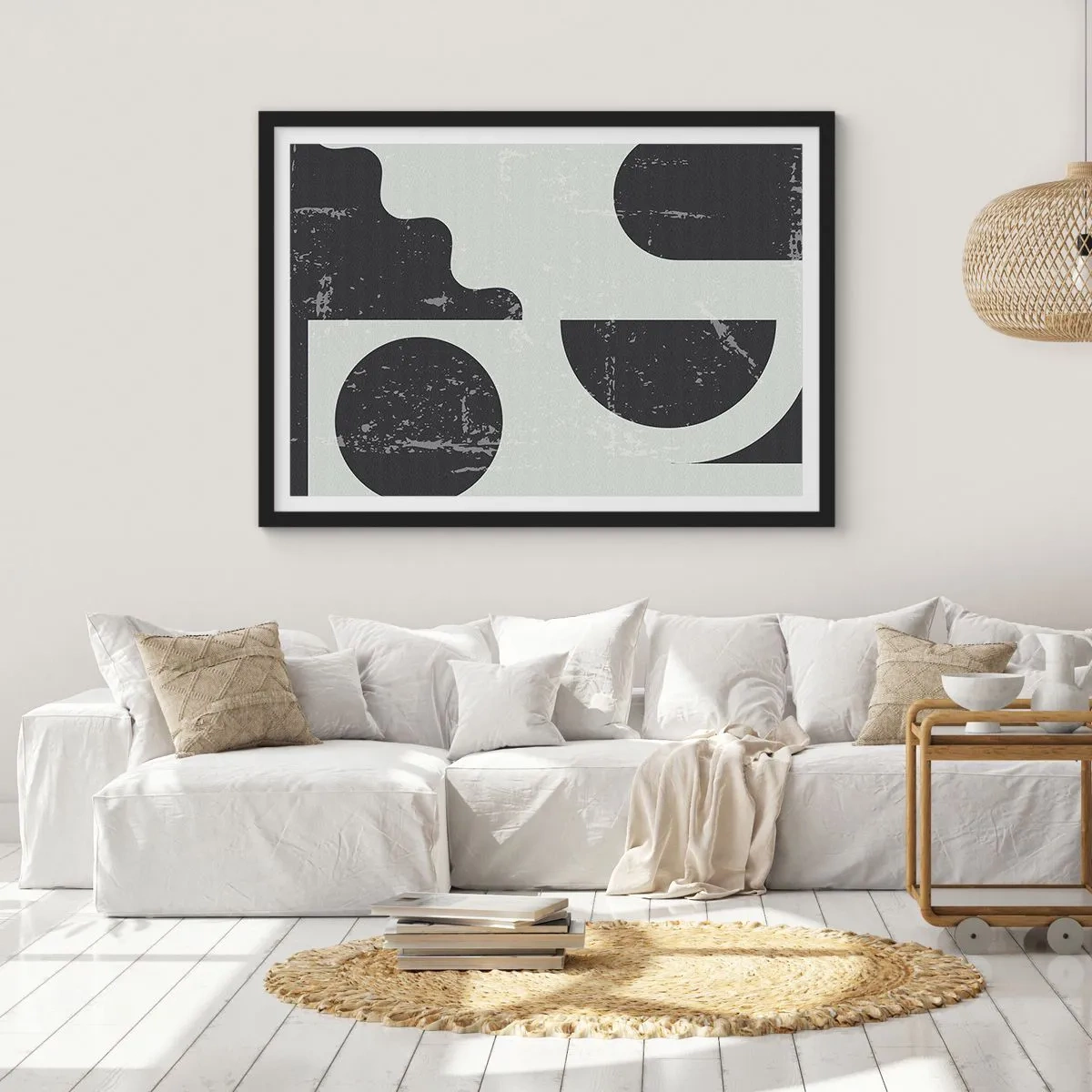Affiche dans un cadre noir - Poster - Motifs géométriques dans les tons de noir et de gris - 70x50cm - Composition dessus et dessous - Décoration murale moderne pour le salon et la chambre ARTTOR
