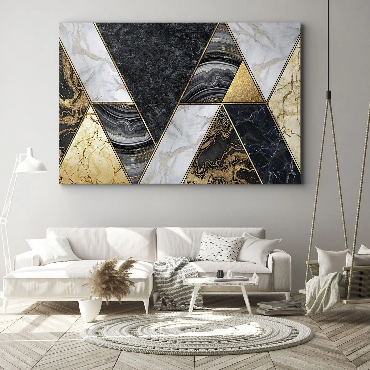 Impression sur toile - Image sur toile - Triangles géométriques en or, marbre et nuances sombres - 70x50cm - Pierre après pierre - Décoration murale moderne pour le salon et la chambre ARTTOR