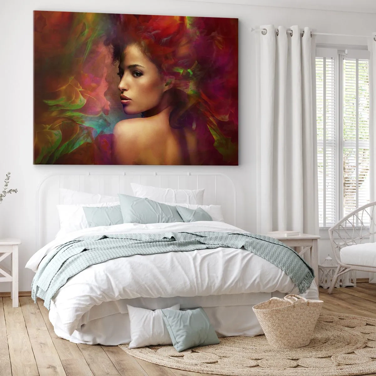 Impression sur toile - Image sur toile - Une femme aux reflets colorés créant un arrière-plan abstrait - 100x70cm - Plus beau qu'un arc-en-ciel, aussi délicat qu'un brouillard - Décoration murale moderne pour le salon et la chambre ARTTOR