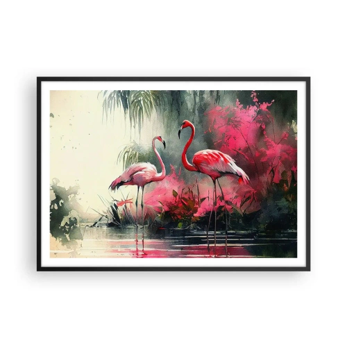 Affiche dans un cadre noir - Poster - Flamants roses au bord de l'eau entourés de végétation - 100x70cm - Une leçon de grâce naturelle - Décoration murale moderne pour le salon et la chambre ARTTOR