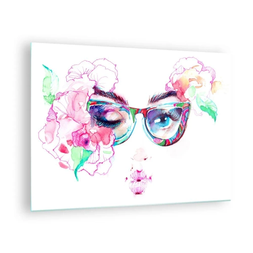 Impression sur verre - Image sur verre - Yeux de femmes avec des fleurs et des lunettes colorées dans un style aquarelle - 70x50cm - Une promesse tentante - Décoration murale moderne pour le salon et la chambre ARTTOR