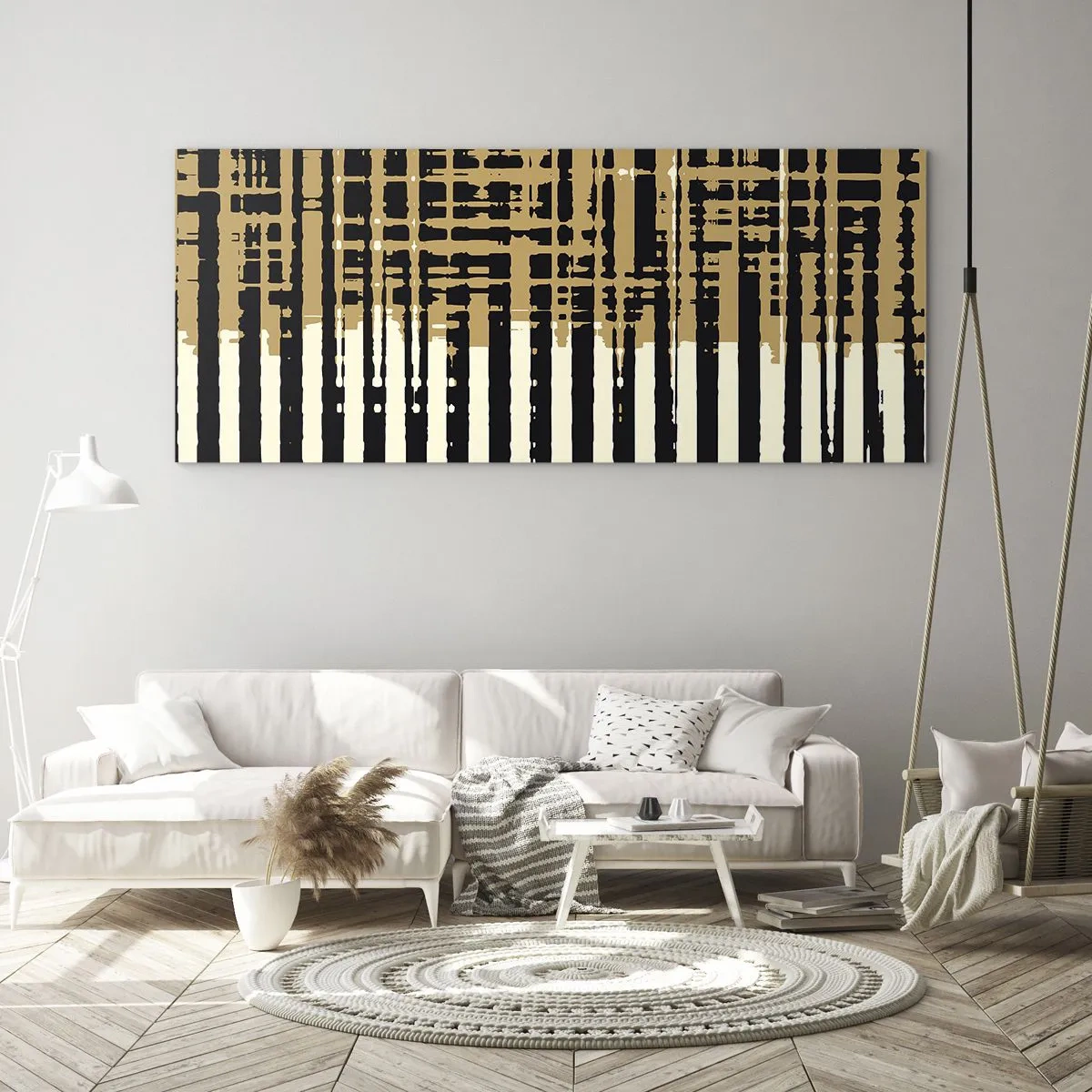 Impression sur verre - Image sur verre - Lignes abstraites en noir, beige et blanc - 140x50cm - Abstraction architecturale - Décoration murale moderne pour le salon et la chambre ARTTOR