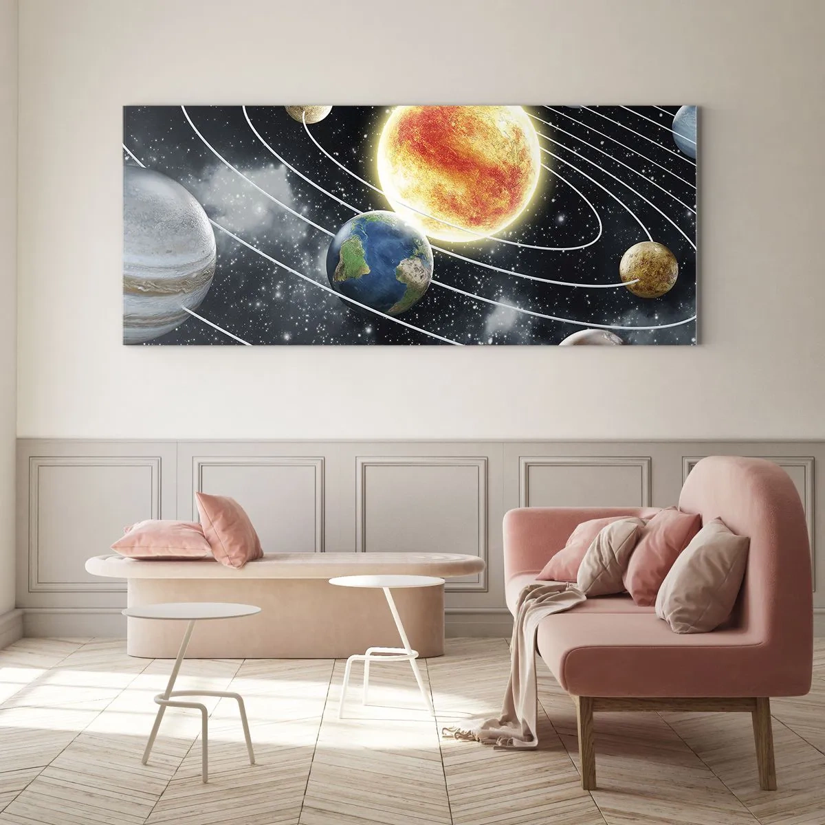 Impression sur verre - Image sur verre - Système solaire avec planètes et soleil dans l'espace - 160x50cm - Danse cosmique - Décoration murale moderne pour le salon et la chambre ARTTOR