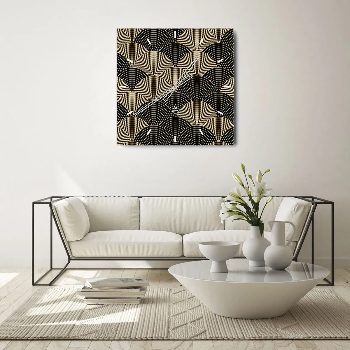 Horloge murale - Pendule murale - Motif Art Déco avec demi-cercles et lignes dorées - 30x30cm - Unité dans la multiplicité - Décoration murale moderne pour le salon et la chambre ARTTOR