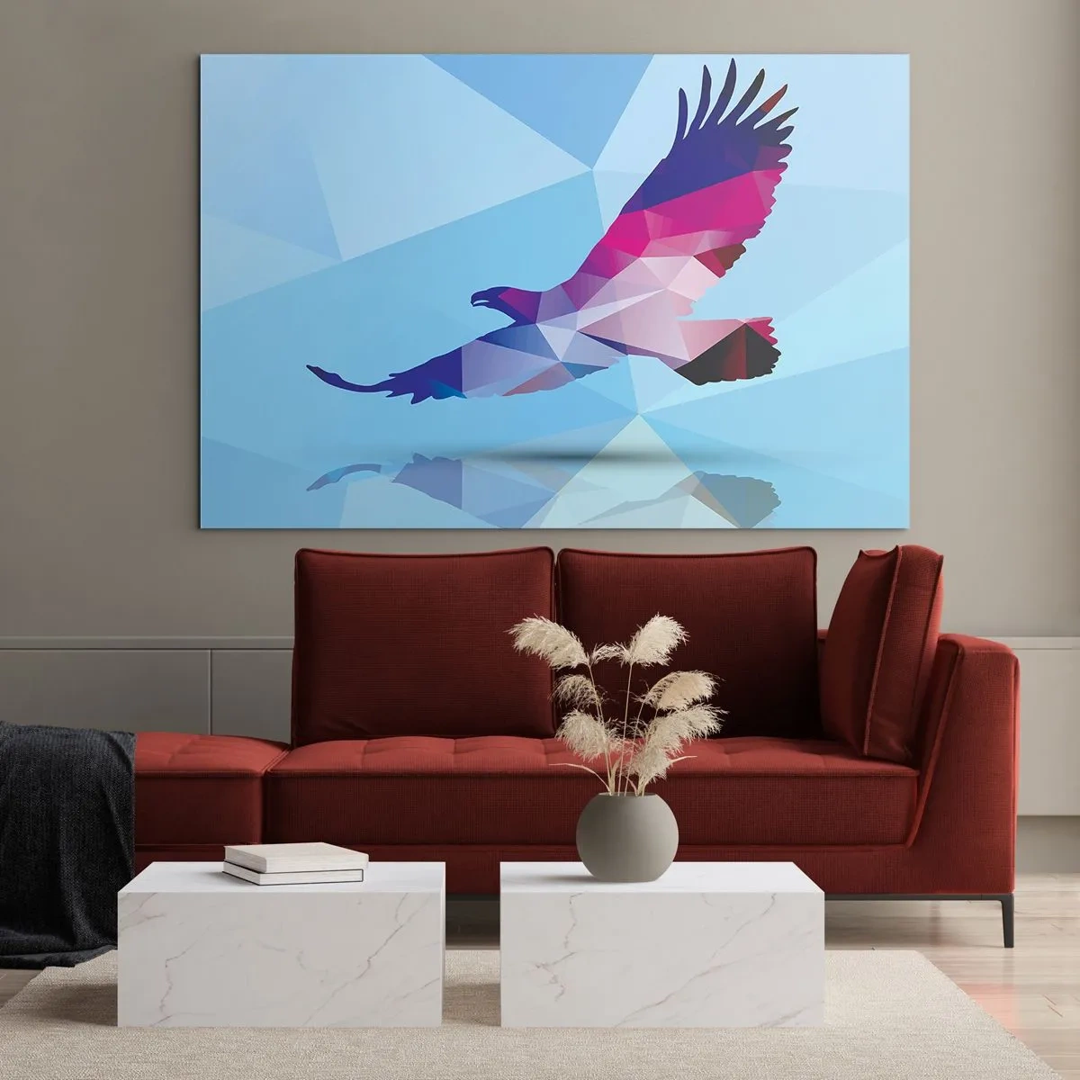 Impression sur verre - Image sur verre - Aigle géométrique sur fond bleu - 120x80cm - Aigle en cristal lilas - Décoration murale moderne pour le salon et la chambre ARTTOR
