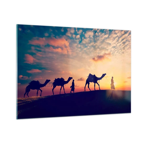 Impression sur verre - Image sur verre - Caravane de chameaux dans le désert au coucher du soleil - 100x70cm - L'esprit mystérieux de l'Orient - Décoration murale moderne pour le salon et la chambre ARTTOR