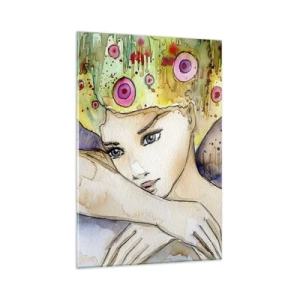 Impression sur verre - Image sur verre - Une femme avec une coiffure abstraite et un papillon rose - 80x120cm - La princesse papillon - Décoration murale moderne pour le salon et la chambre ARTTOR