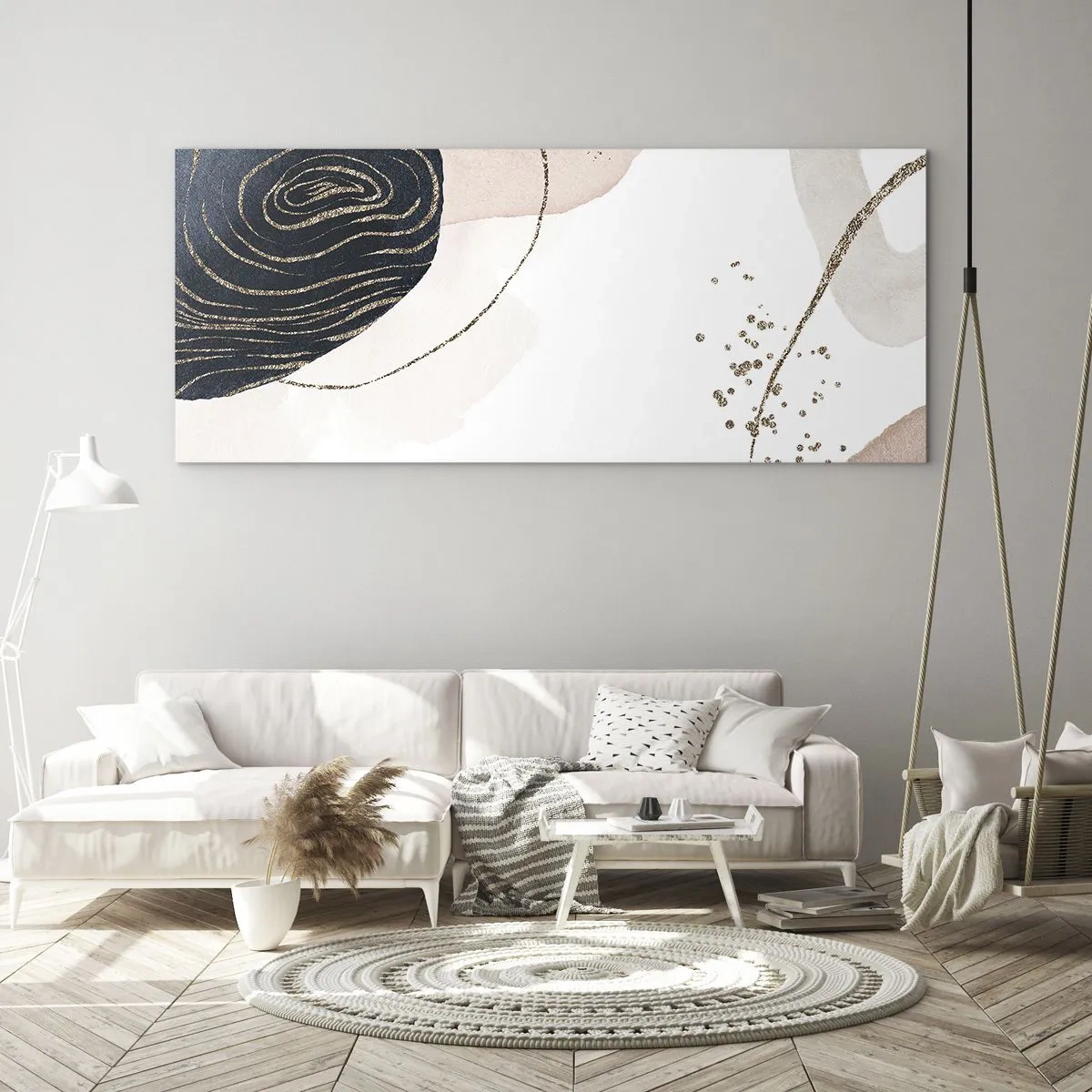 Impression sur verre - Image sur verre - Formes abstraites dans des tons beige et bleu marine avec des détails dorés - 120x50cm - Tout coule - Décoration murale moderne pour le salon et la chambre ARTTOR
