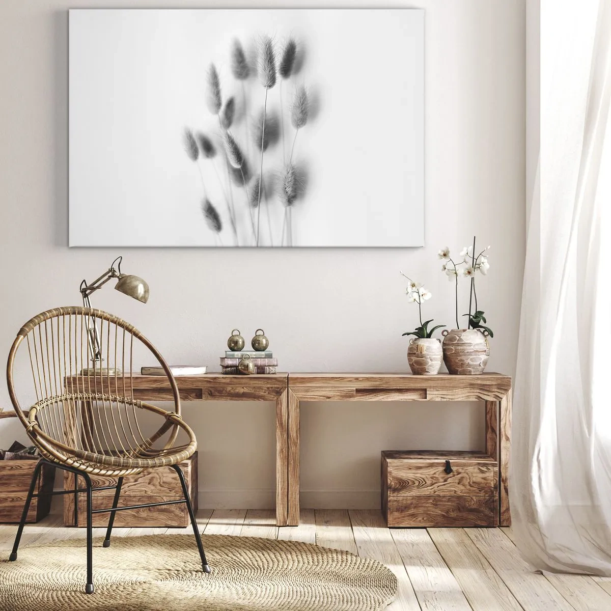 Impression sur toile - Image sur toile - Graminées délicates dans des tons de gris sur fond blanc - 70x50cm - Son herbe duveteuse - Décoration murale moderne pour le salon et la chambre ARTTOR