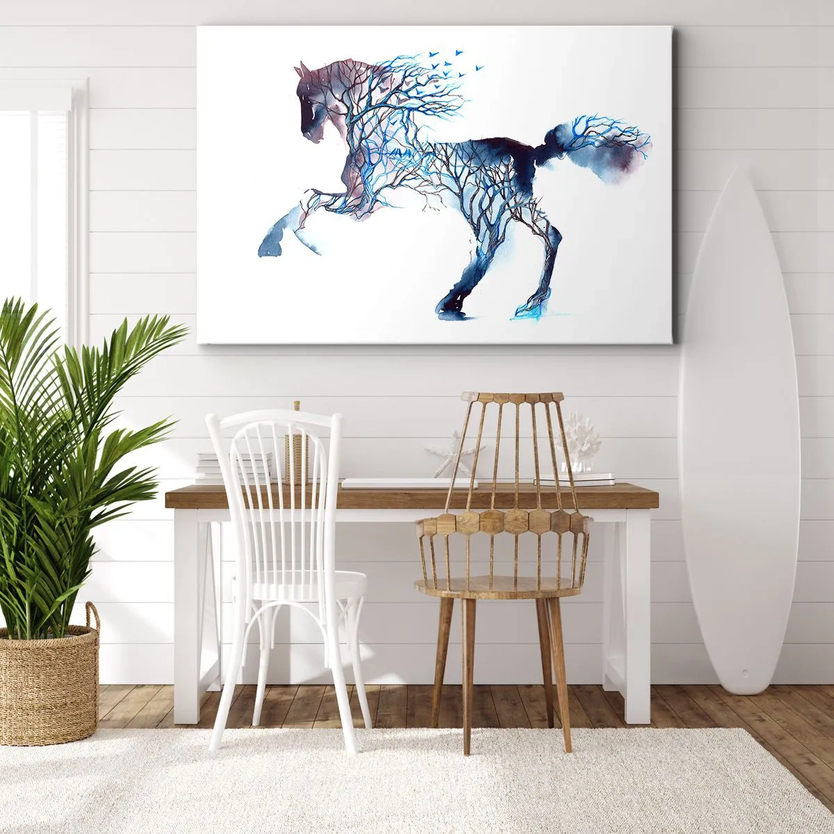 Impression sur toile - Image sur toile - Graphique artistique de cheval avec des motifs d'arbres et d'oiseaux - 70x50cm - Comme si la forêt avait bougé - Décoration murale moderne pour le salon et la chambre ARTTOR