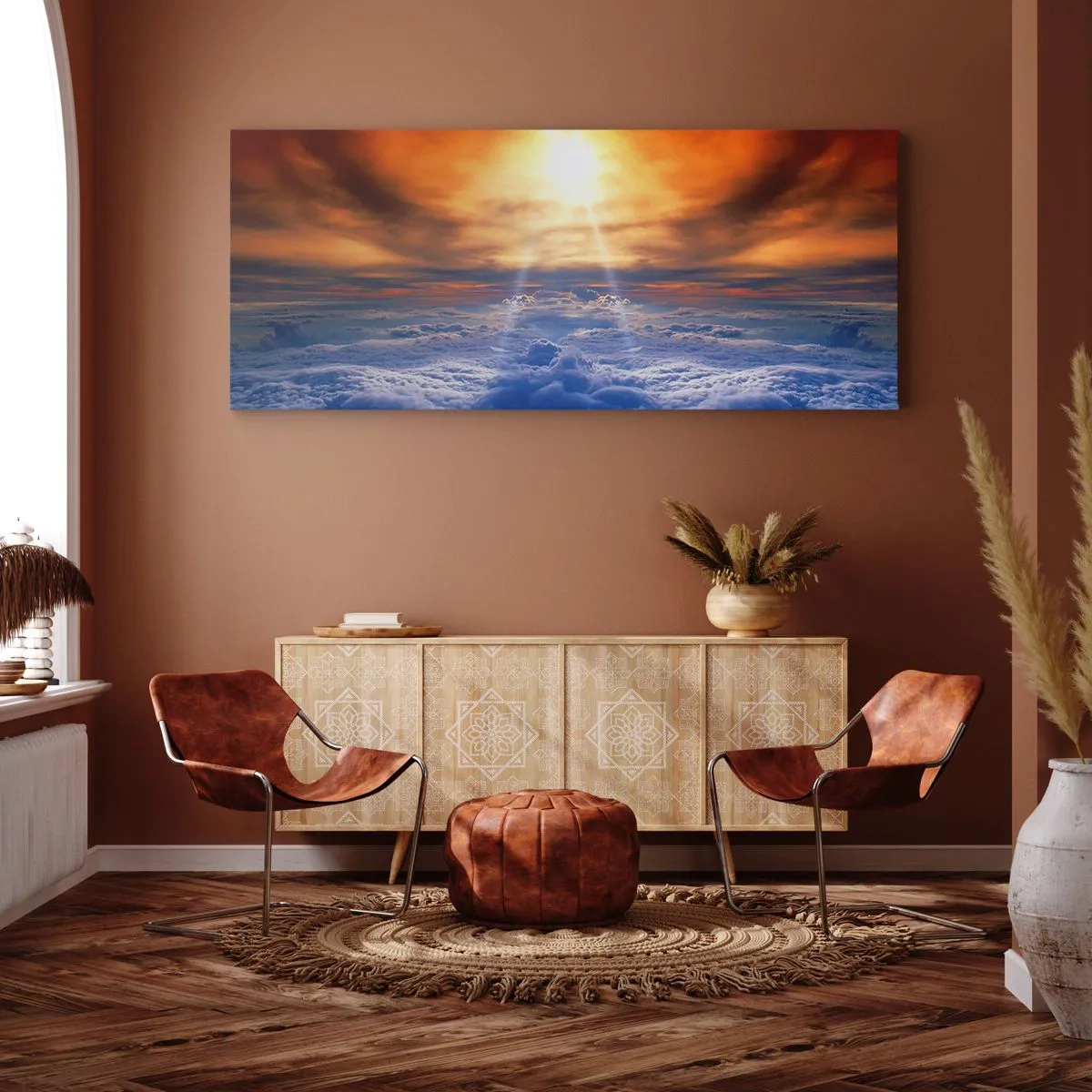 Impression sur toile - Image sur toile - Coucher de soleil au dessus des nuages, le ciel plein de couleurs dorées et de lumière. - 140x50cm - Paysage mystique - Décoration murale moderne pour le salon et la chambre ARTTOR