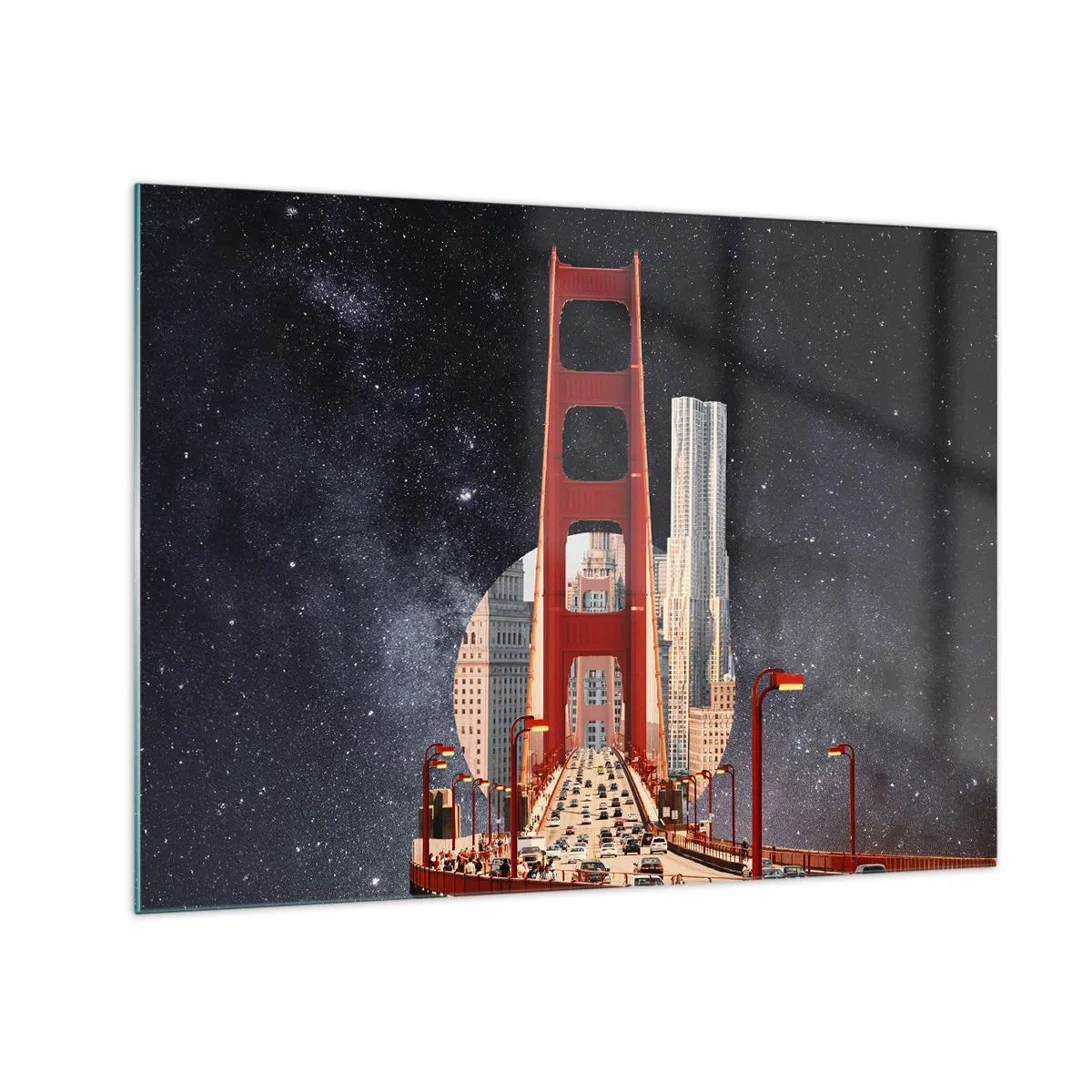 Impression sur verre - Image sur verre - Pont et gratte-ciels sur un fond de galaxie surréaliste - 70x50cm - Toujours au centre - Décoration murale moderne pour le salon et la chambre ARTTOR