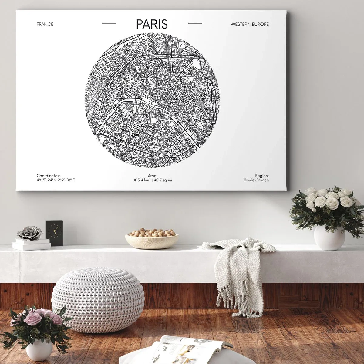 Impression sur toile - Image sur toile - Carte de Paris dans un style minimaliste - 120x80cm - Anatomie de Paris - Décoration murale moderne pour le salon et la chambre ARTTOR