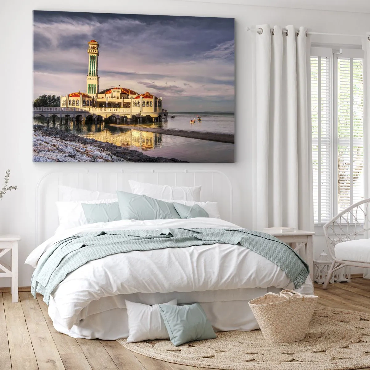 Impression sur toile - Image sur toile - Un bâtiment impressionnant avec un minaret sur l'eau entouré d'un paysage paisible - 100x70cm - Temple de la nature - Décoration murale moderne pour le salon et la chambre ARTTOR