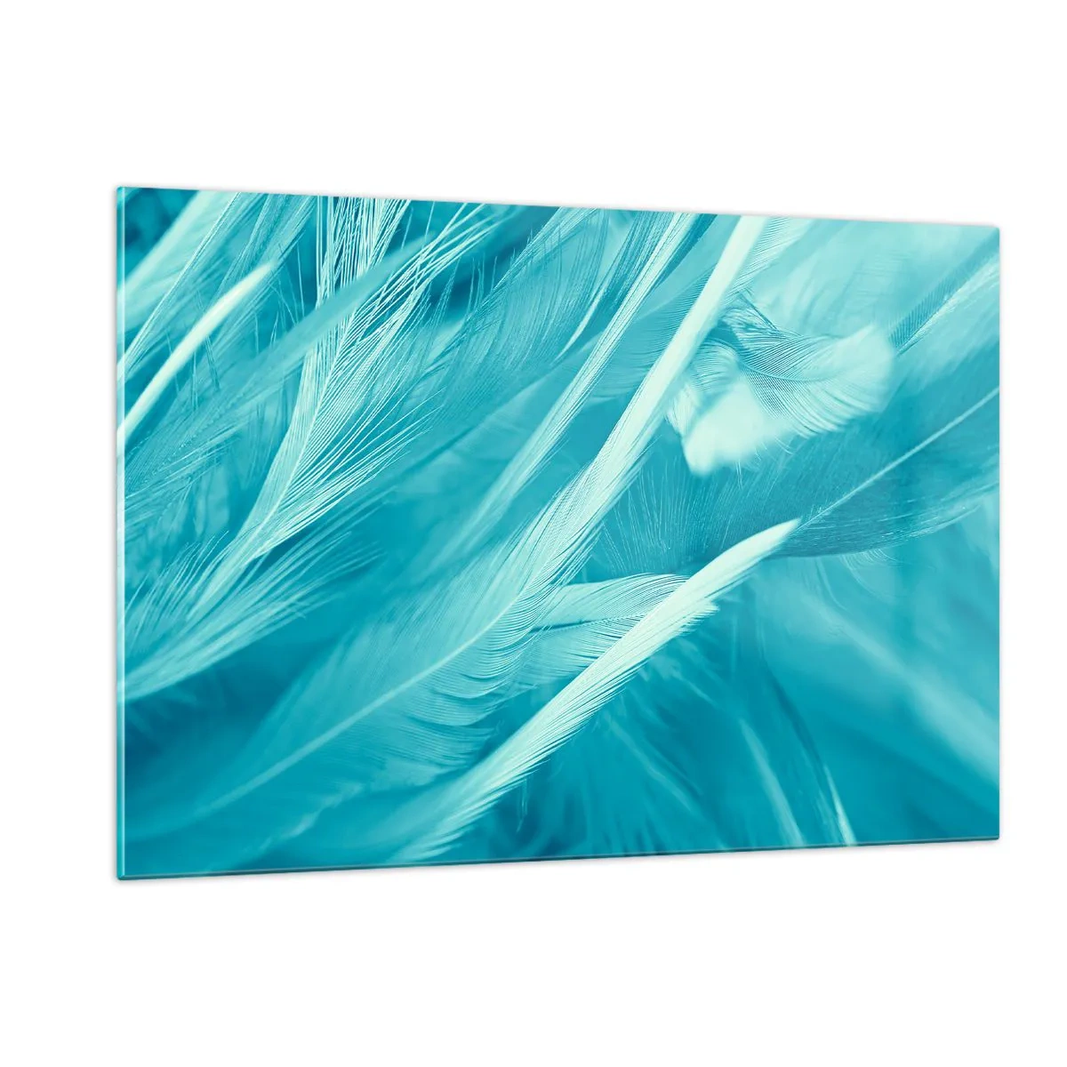 Impression sur verre - Image sur verre - Plumes turquoise en gros plan délicat - 120x80cm - Se noyer dans les plumes - Décoration murale moderne pour le salon et la chambre ARTTOR
