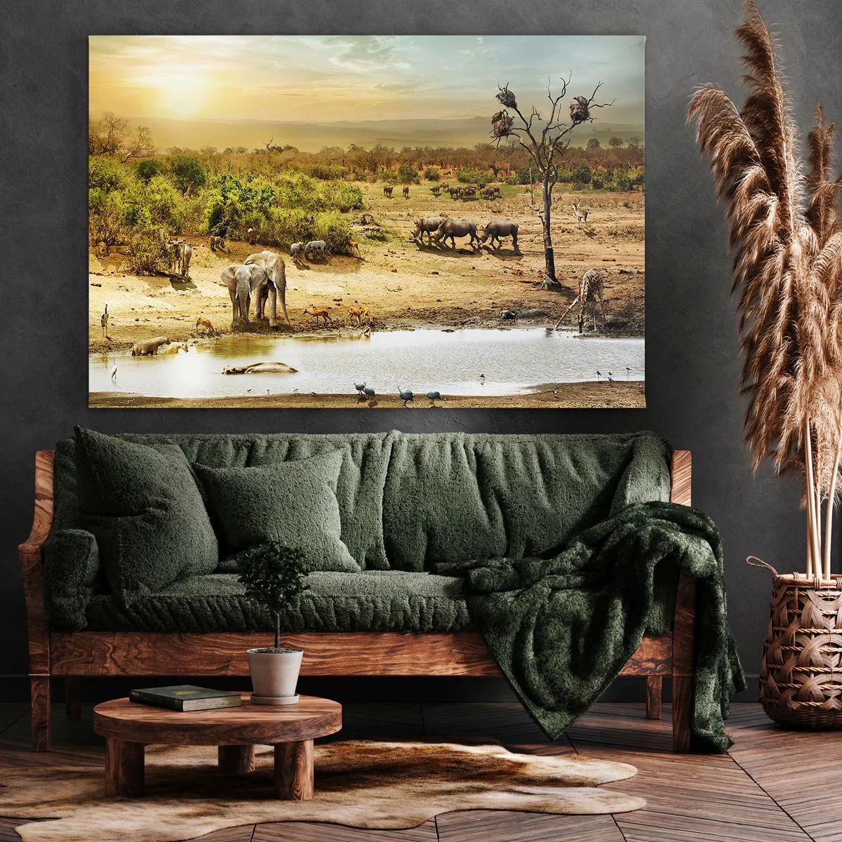 Impression sur toile - Image sur toile - Éléphants et animaux sauvages à un point d'eau au coucher du soleil - 120x80cm - "Et d'Eden coulait une rivière..." - Décoration murale moderne pour le salon et la chambre ARTTOR