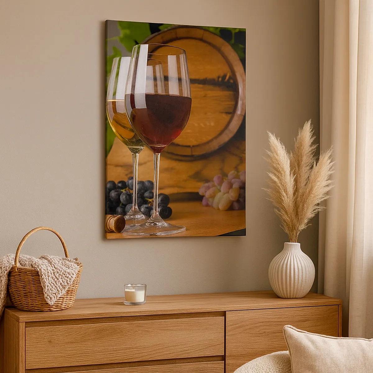 Impression sur toile - Image sur toile - Verres de vin avec des raisins, un tonneau et des bouteilles sur une table en bois - 50x70cm - Comme les vieux maîtres - Décoration murale moderne pour le salon et la chambre ARTTOR