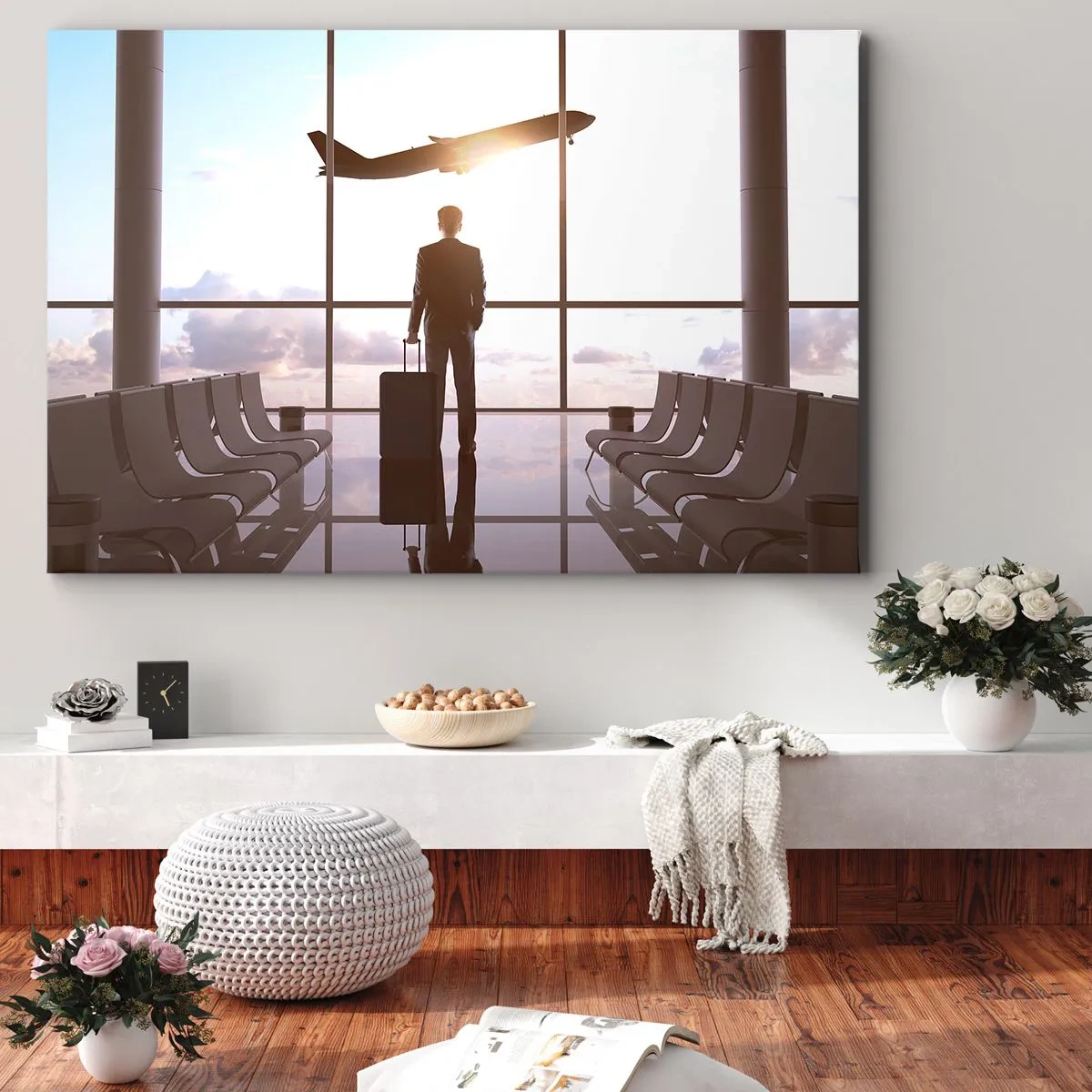 Impression sur toile - Image sur toile - Homme d'affaires à l'aéroport avec un avion en arrière-plan - 120x80cm - Vous avez le temps, ralentissez - Décoration murale moderne pour le salon et la chambre ARTTOR