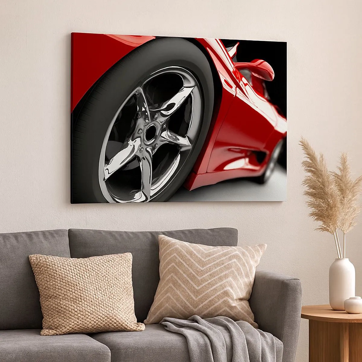 Impression sur toile - Image sur toile - Voiture de sport rouge avec jantes chromées - 70x50cm - Conçu pour la vitesse - Décoration murale moderne pour le salon et la chambre ARTTOR