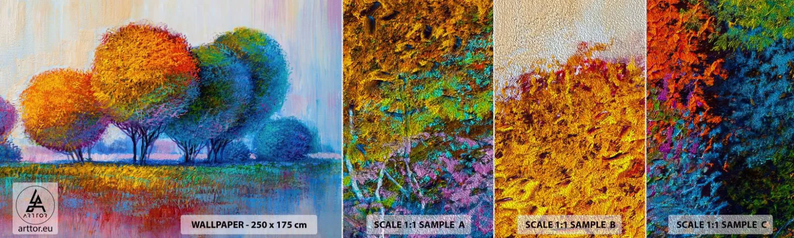 Échantillon de Papier Peint Premium Sand - Un bouquet de couleurs éclatantes - Abstraction, Paysage, Des arbres - 100x30 cm