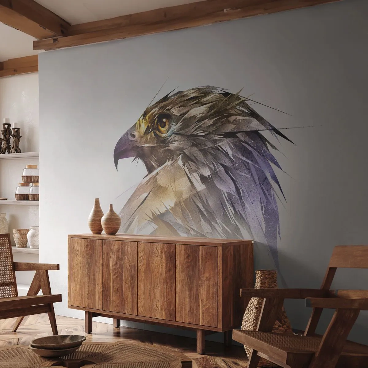 Papier Peint Photo Premium Canvas - Portrait d'un guerrier - Abstraction, Aigle, Oiseau - 150x105 cm