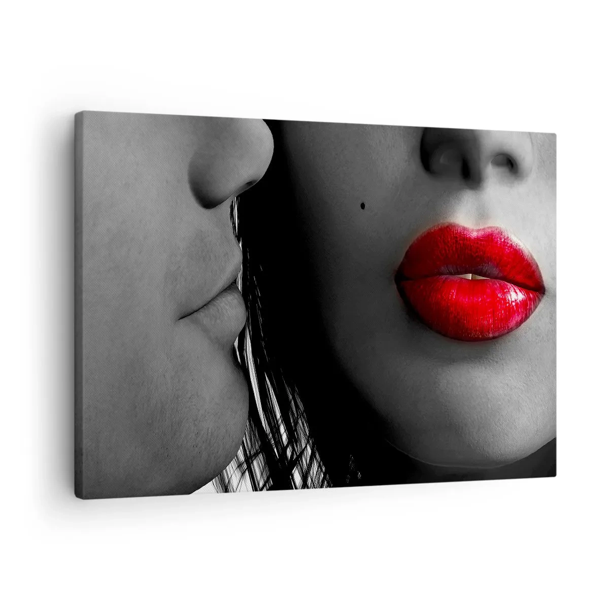 Impression sur toile - Image sur toile - Gros plan des visages d'une femme et d'un homme aux lèvres rouges. - 70x50cm - Face à face - Décoration murale moderne pour le salon et la chambre ARTTOR
