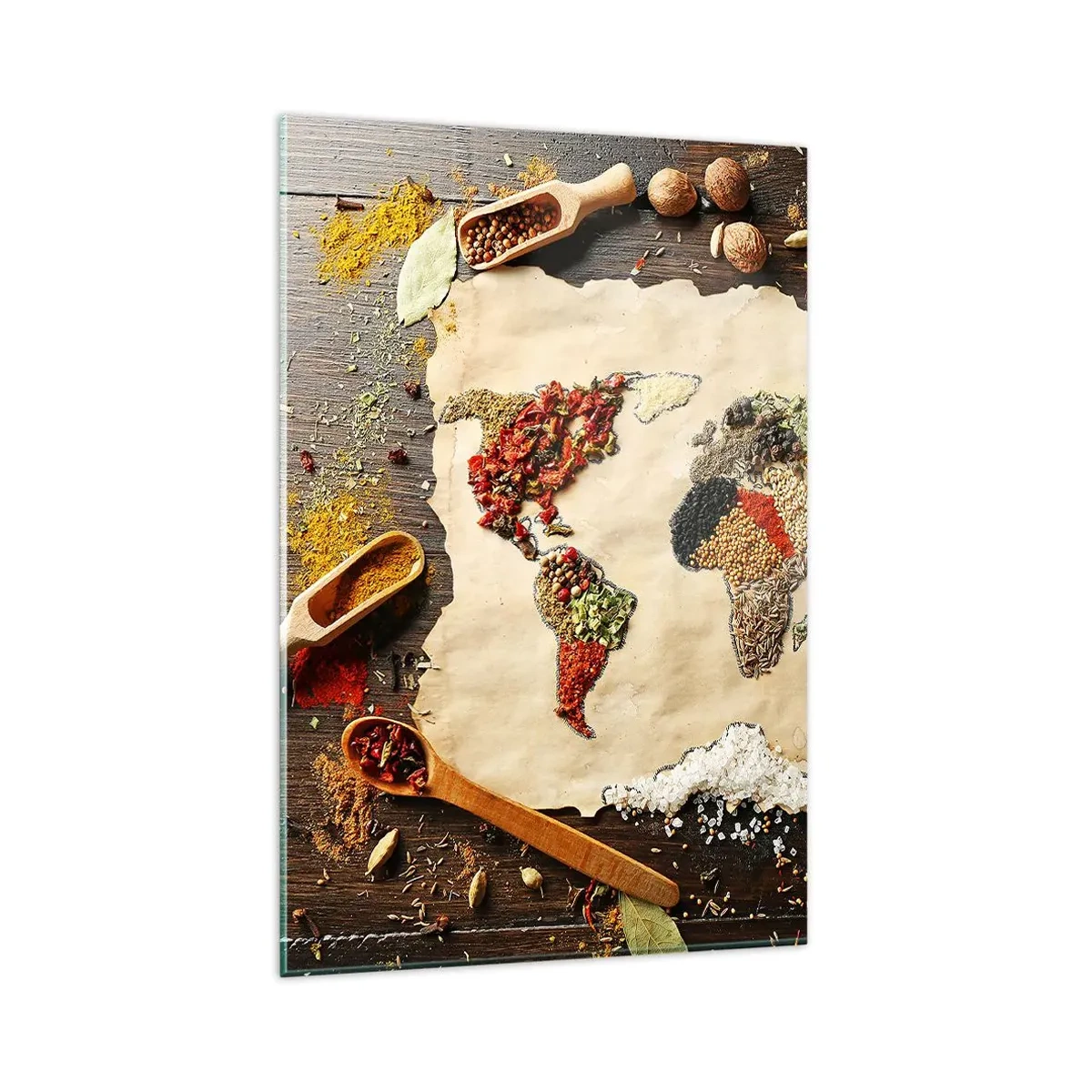 Impression sur verre - Image sur verre - Une carte du monde faite d'épices sur un fond en bois. - 80x120cm - Toutes les saveurs du monde - Décoration murale moderne pour le salon et la chambre ARTTOR