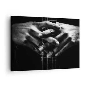 Impression sur toile - Image sur toile - Mains jointes sur une guitare dans un ton monochrome - 70x50cm - Prière d'artiste - Décoration murale moderne pour le salon et la chambre ARTTOR
