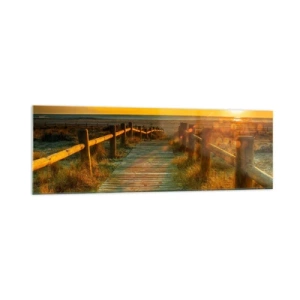 Impression sur verre - Image sur verre - Un chemin en bois menant à la plage à la lueur du soleil couchant - 160x50cm - Baigné dans le vieil or - Décoration murale moderne pour le salon et la chambre ARTTOR
