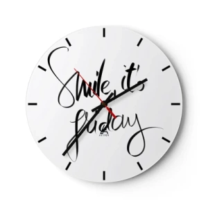 Horloge murale - Pendule murale - Citation « Souriez, c'est vendredi » dans des graphismes élégants en noir et blanc - 30x30cm - Joie réelle - Décoration murale moderne pour le salon, la cuisine et la chambre ARTTOR