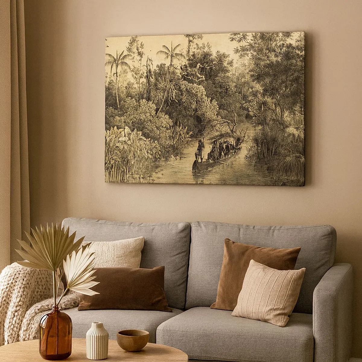 Impression sur toile - Image sur toile - Dessin d'une jungle avec un bateau sur une rivière - 70x50cm - Expédition à la source - Décoration murale moderne pour le salon et la chambre ARTTOR