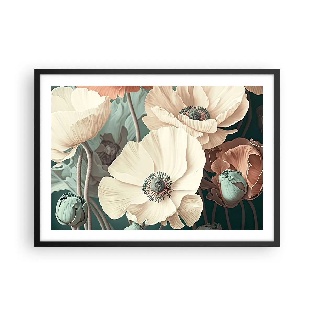 Affiche dans un cadre noir - Poster - Fleurs élégantes aux tons pastel sur fond vert - 70x50cm - Le murmure des coquelicots - Décoration murale moderne pour le salon et la chambre ARTTOR