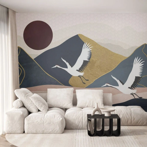 Papier Peint Photo Premium Canvas - Encore une fois, la journée s'est ÉCOULÉE - Abstraction, Grues, Montagnes - 400x280 cm